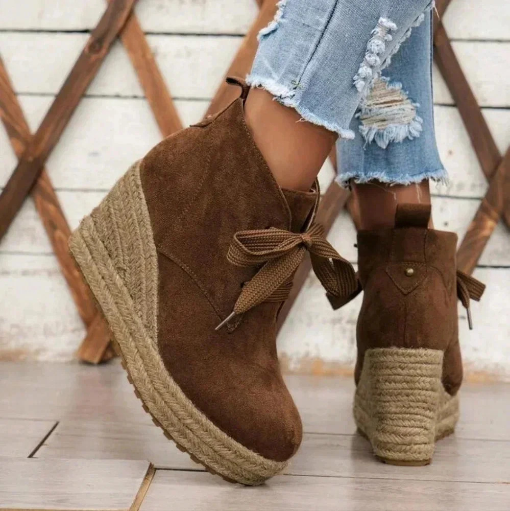 Women's Fashion Platform Boots With Solid Color Woven Shoelaces, All-Match And H - Picture 8 of 8